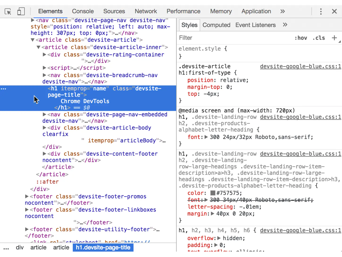 Chrome DevTools mit HTML-Elementen und CSS-Stilen