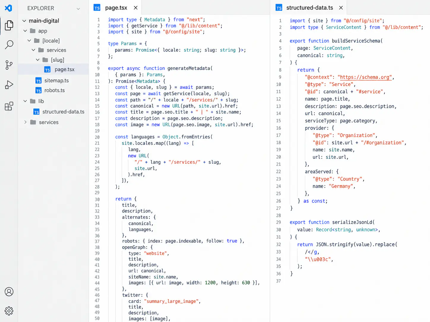 TypeScript-Code für Seitenmetadaten und strukturierte Daten in Visual Studio Code