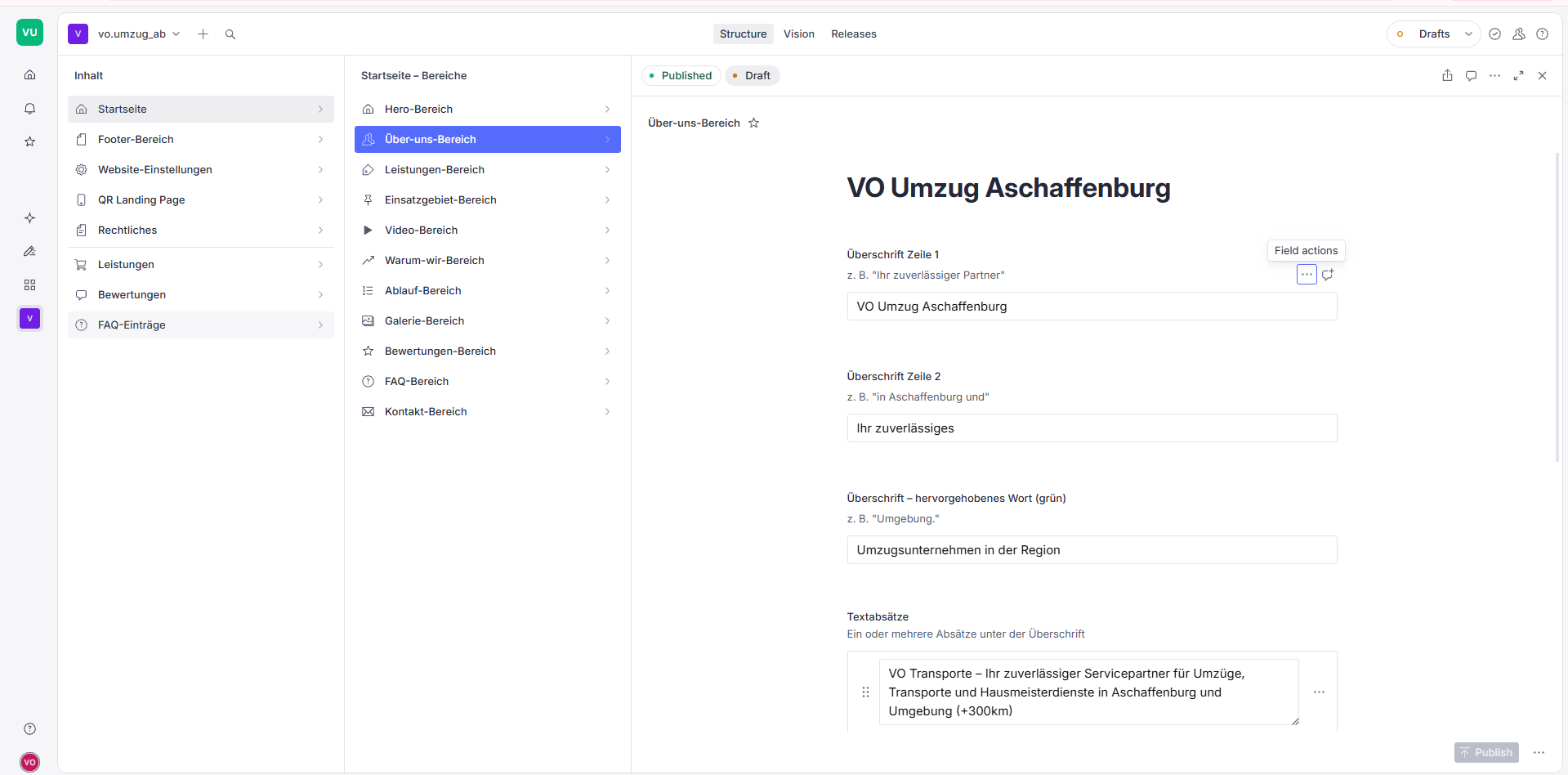 Die CMS-Oberfläche von VO Umzug zur Pflege der Website-Inhalte