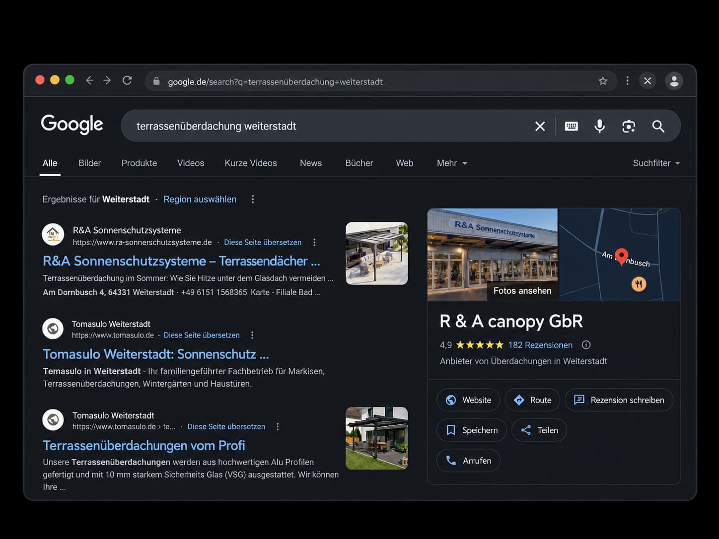 Google search results for R&A Sonnenschutzsysteme
