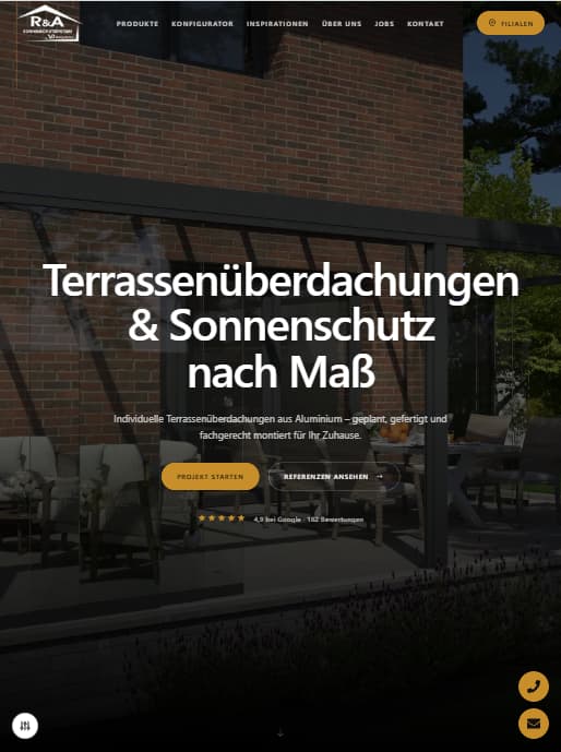 Die responsive Produktwebsite von R&A Sonnenschutzsysteme auf einem Tablet
