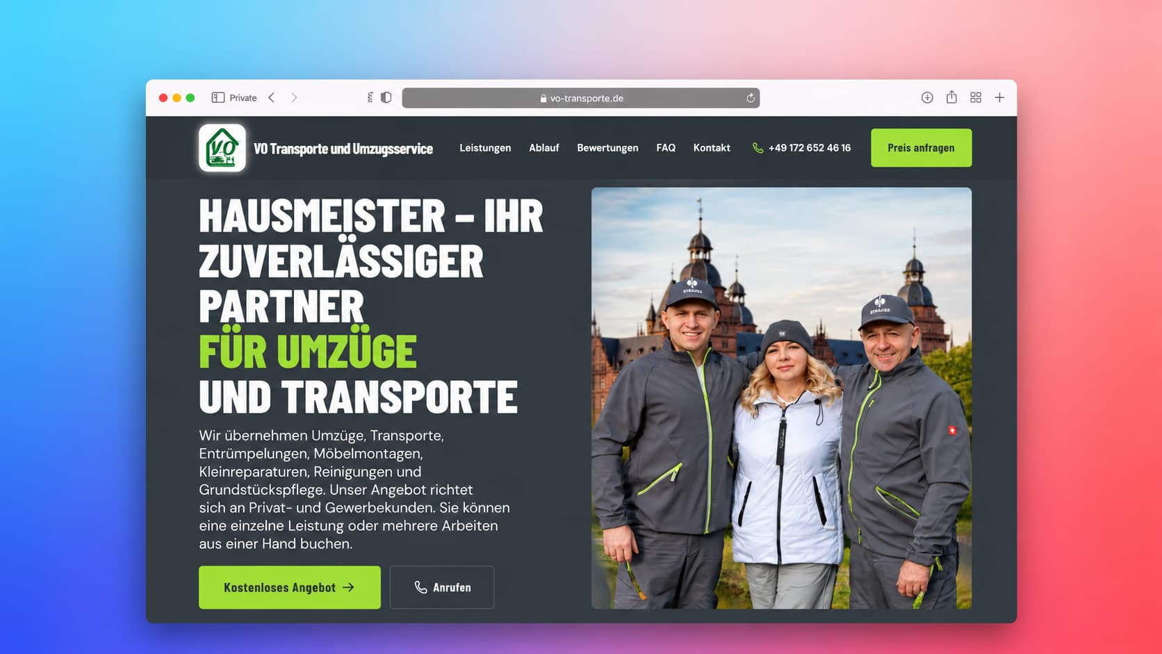 Die Website von VO Umzug mit Leistungseinführung und Anfragewegen