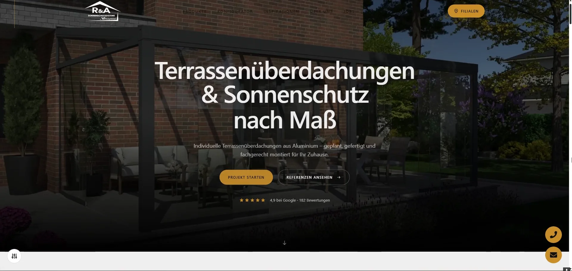 Video der Desktop-Website von R&A Sonnenschutzsysteme mit Terrassendächern und Sonnenschutz